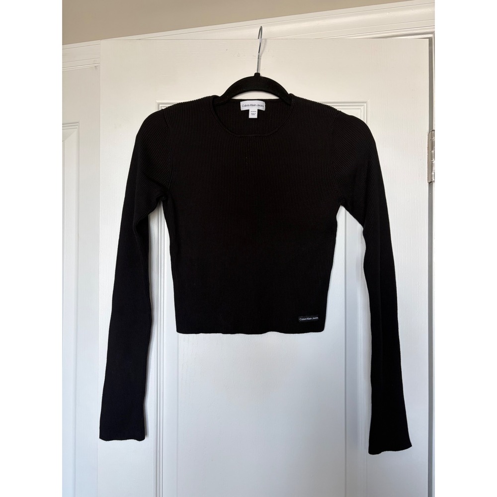 Calvin Klein Jeans Womens Black Ribbed Long Sleeve Cropped Crew Neck Top XS